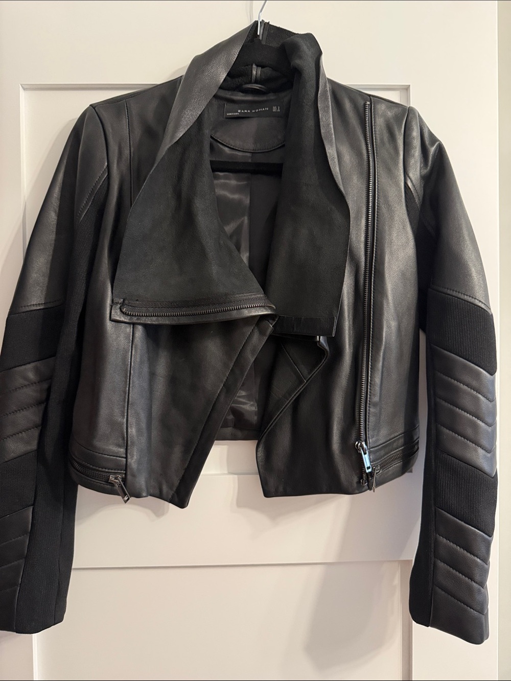 Zara Women Black Draped Leather Biker Jacket